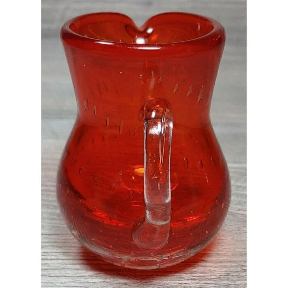 Lefton Red Glass Controlled Bubbles Creamer Hand Blown Mini Pitcher Handle VTG